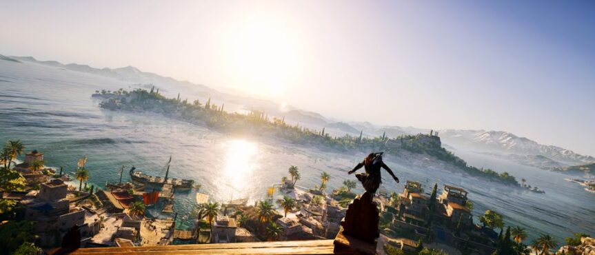 Assassin's Creed main character on the edge of building. Landscape view from game.