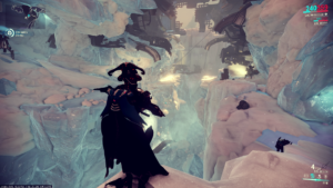 Warframe snow planet, ready to fight with enemy. Searching for an enemy in a snow cave.